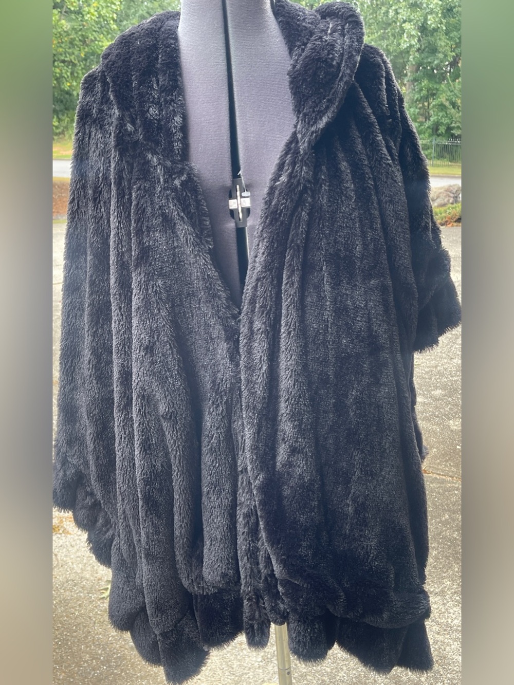 Faux Fur Hooded Cape Poncho Black One Size